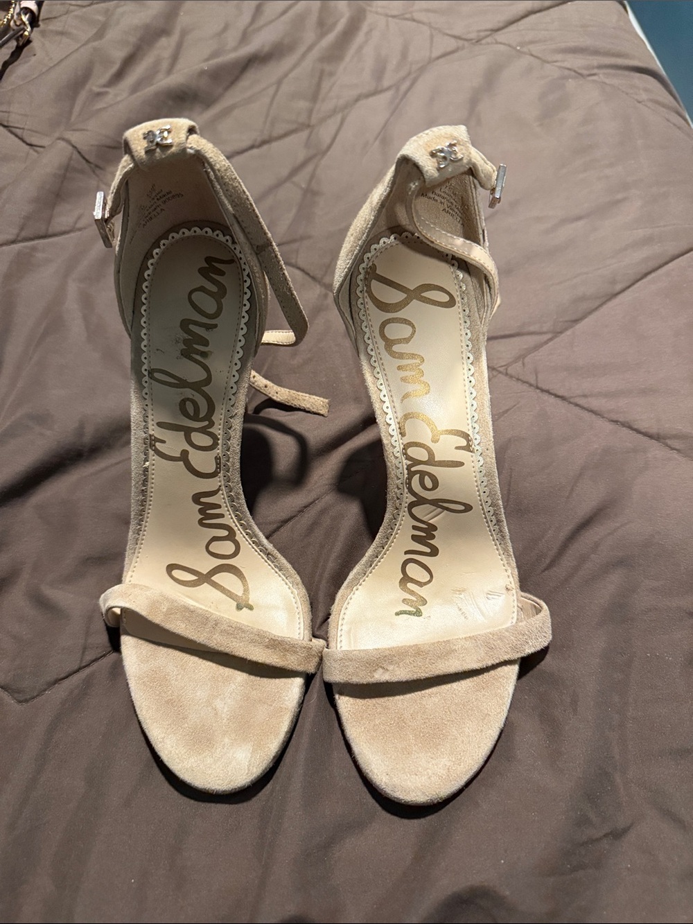 Sam Edelman Suede Ankle-Strap Heels in Taupe